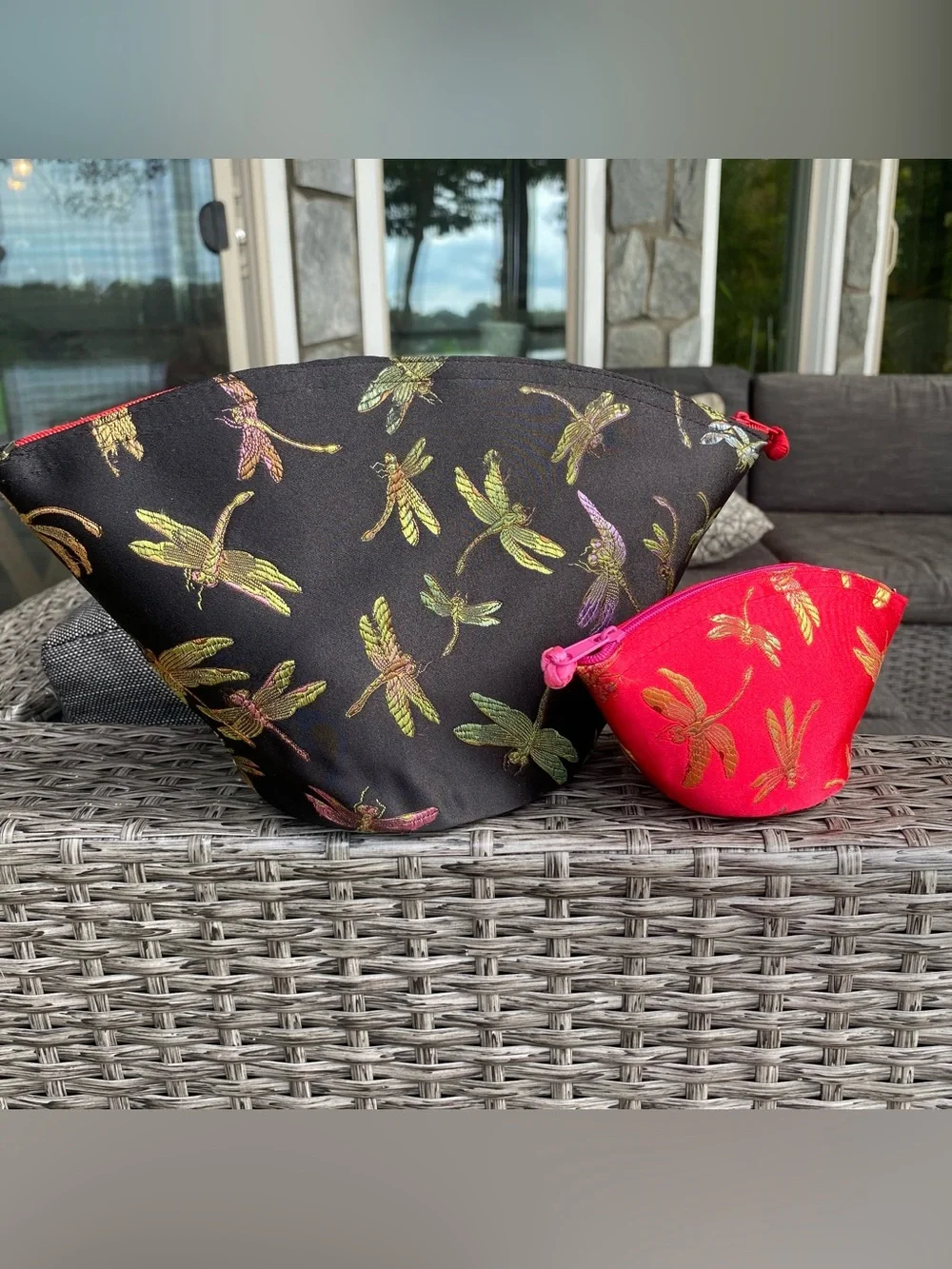 SHANGHAI TANG — 2 Silk Dragonfly Zip Cosmetics bags- Red and Black, silk NWOT ♥️
